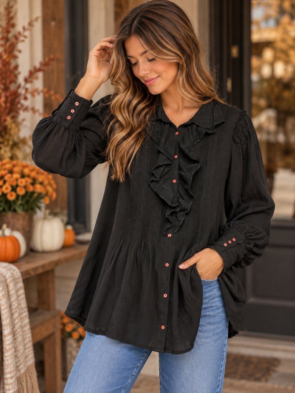 Free People Size L Black Button Down Ruffle Tunic Top Puff Long Sleeve Victorian